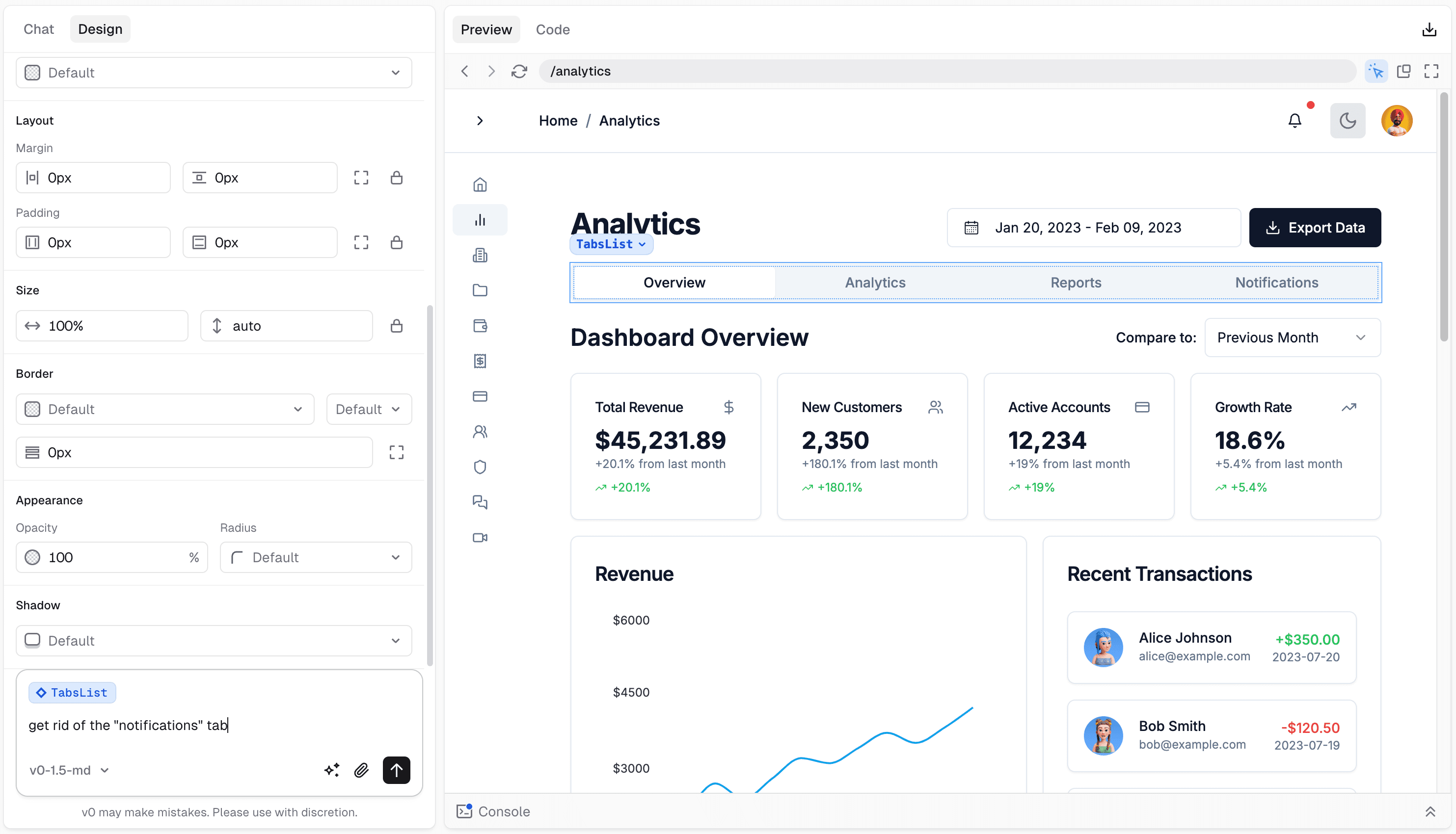Prompting v0 while in design mode
